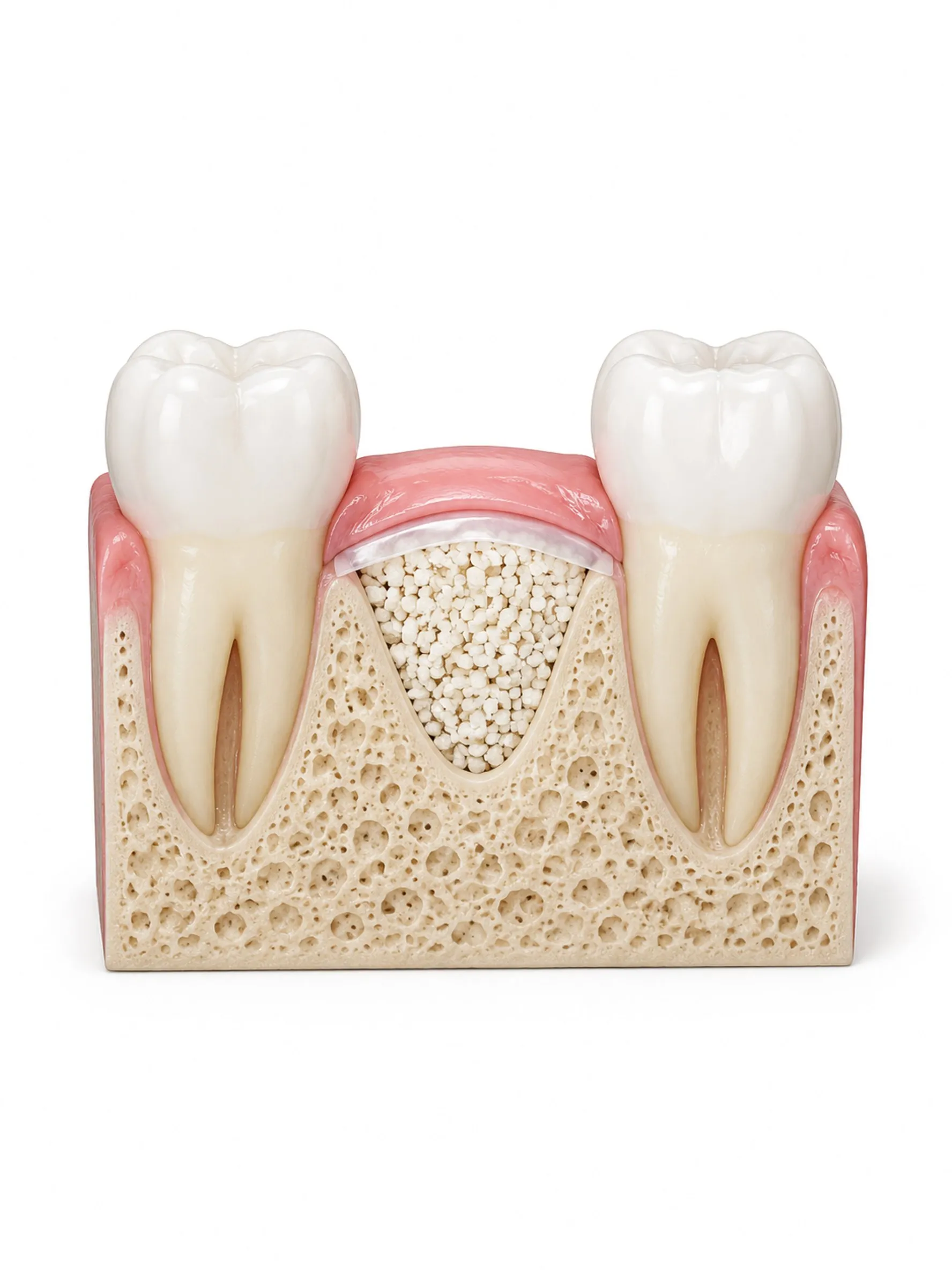 Cross section of the jaw where a tooth is missing, with bone graft material filling the gap under the gum.
