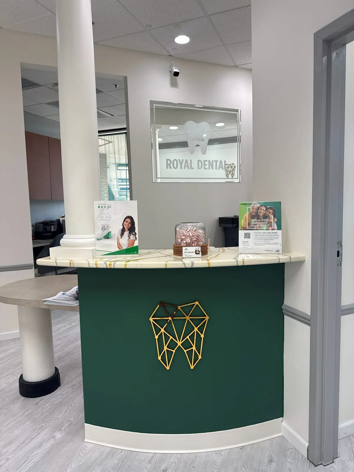 The check in desk at the entrance of Royal Dental Center