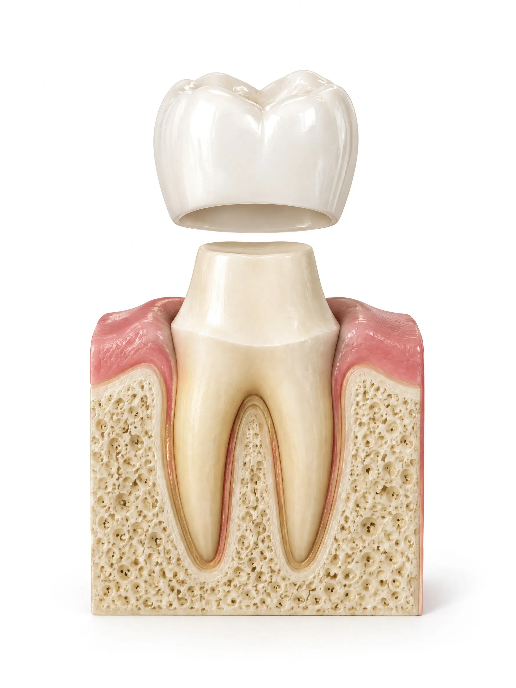 Illustration of a porcelain crown about to be fitted over a back tooth that has been shaped to receive it.
