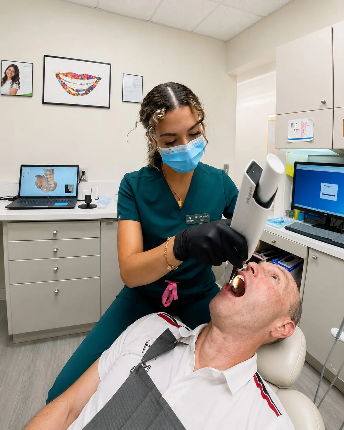 A Royal Dental Center team member taking a digital scan of a patient at the chair