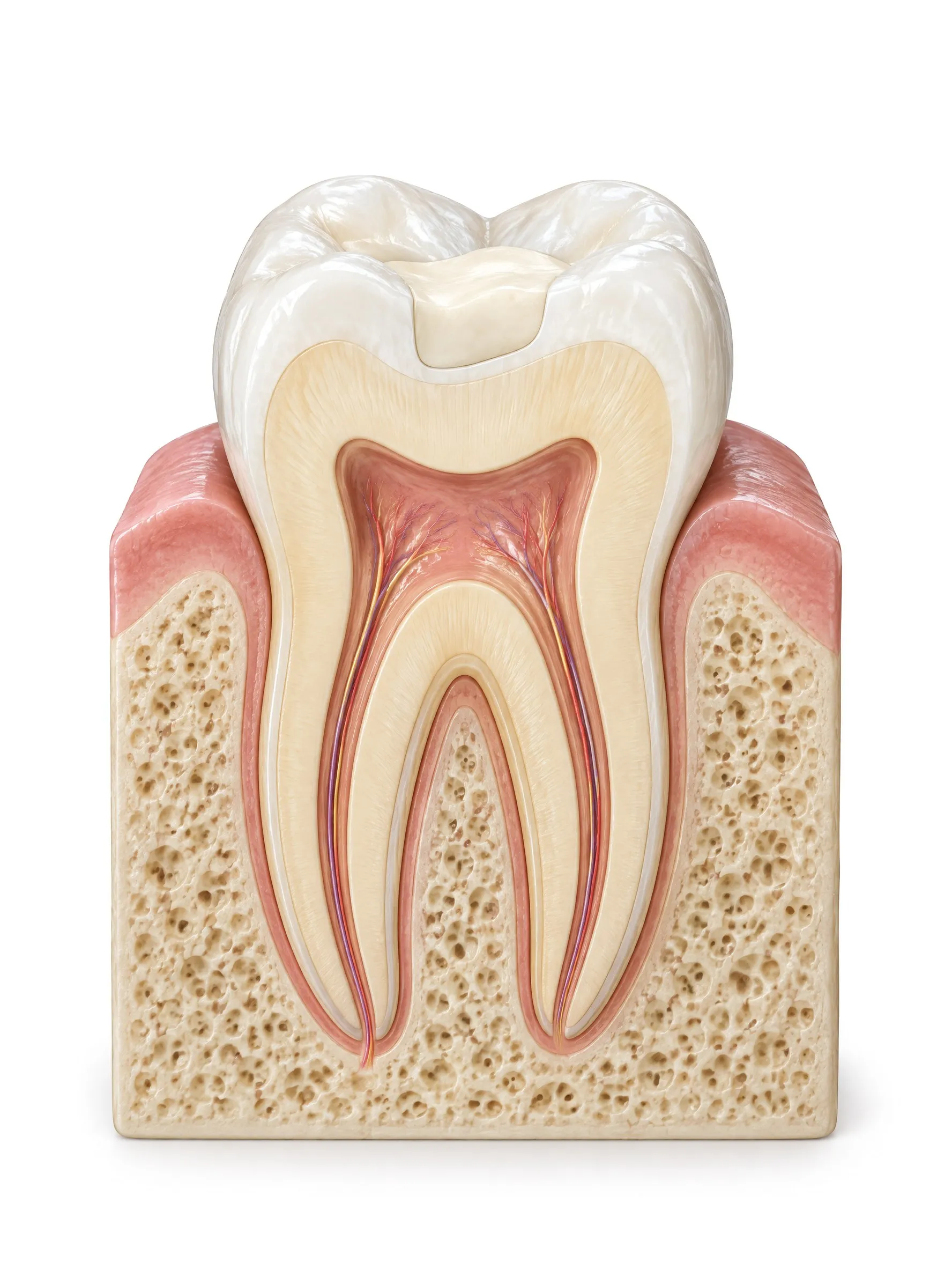 Cross section of a back tooth with a tooth colored filling in its chewing surface.