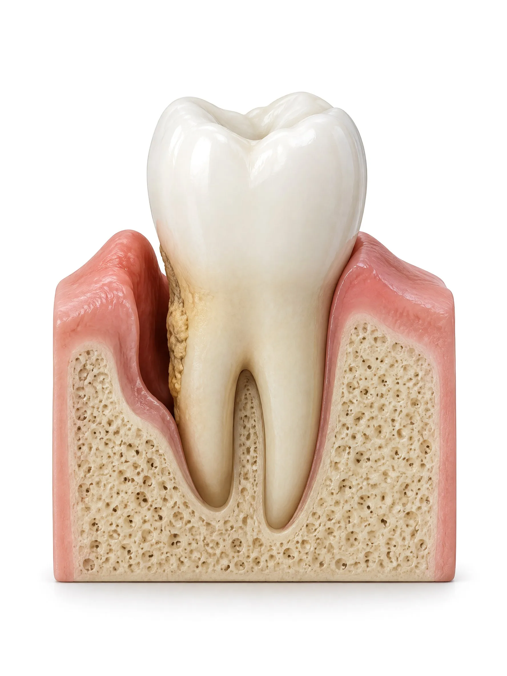 Cross section of a tooth with a gum pocket and tartar on one side, and healthy gum and bone on the other.