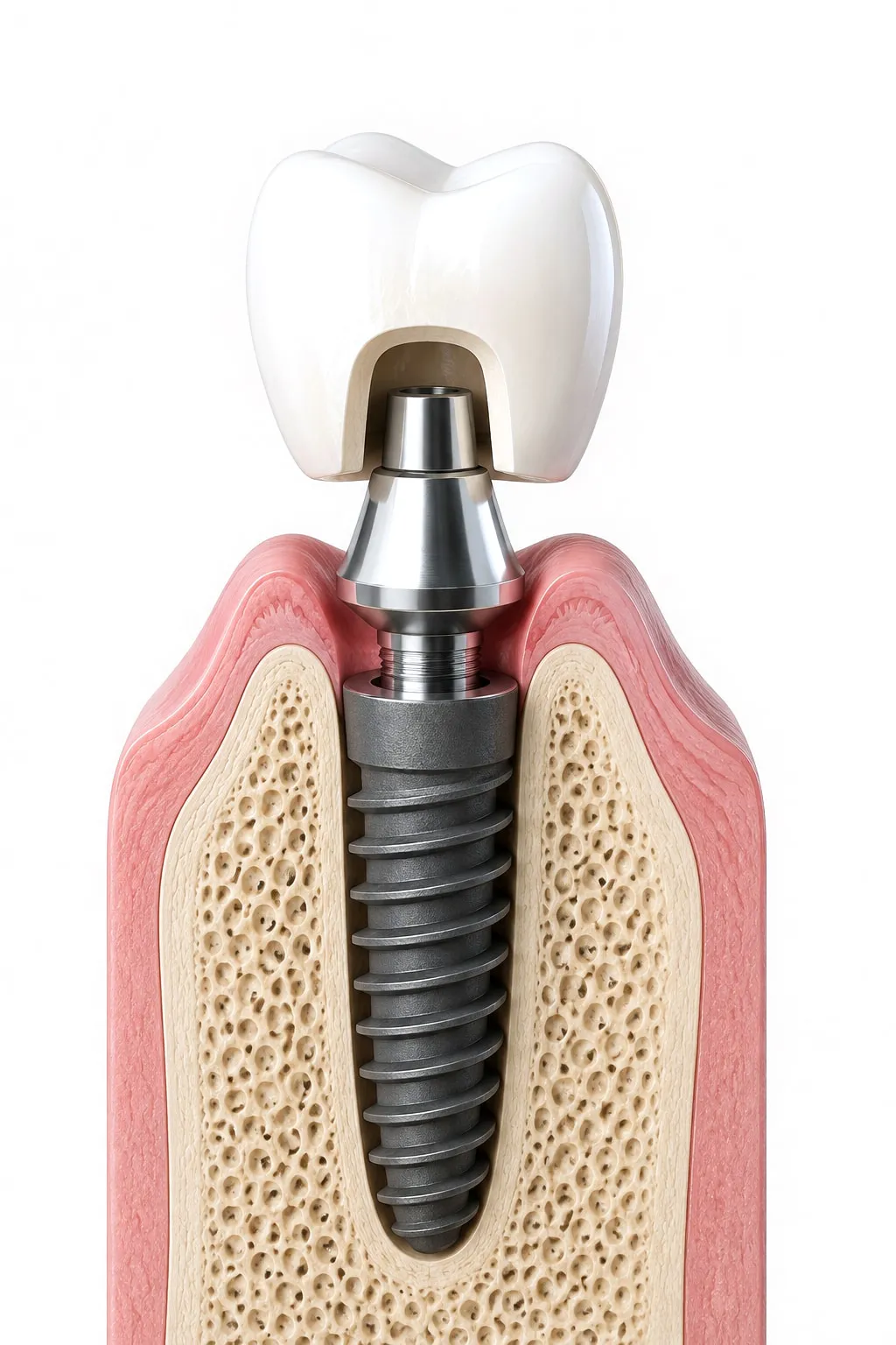 Cross section of a dental implant. A crown sits above the gum, joined by a small abutment to a titanium post anchored in the jawbone below.