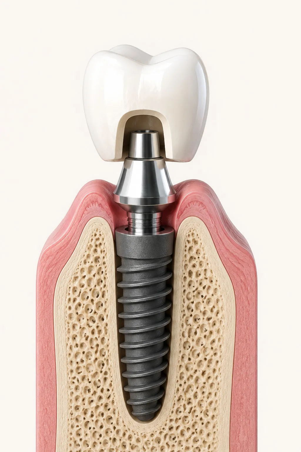 Cross section of a dental implant. A crown sits above the gum, joined by a small abutment to a titanium post anchored in the jawbone below.