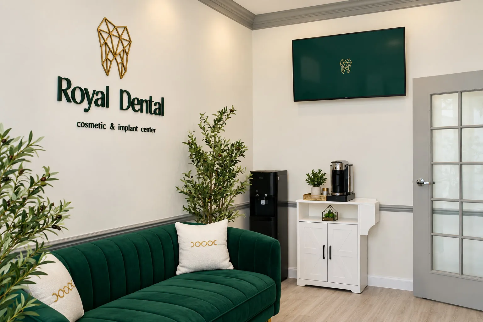 The waiting lounge and complimentary coffee station at Royal Dental Center