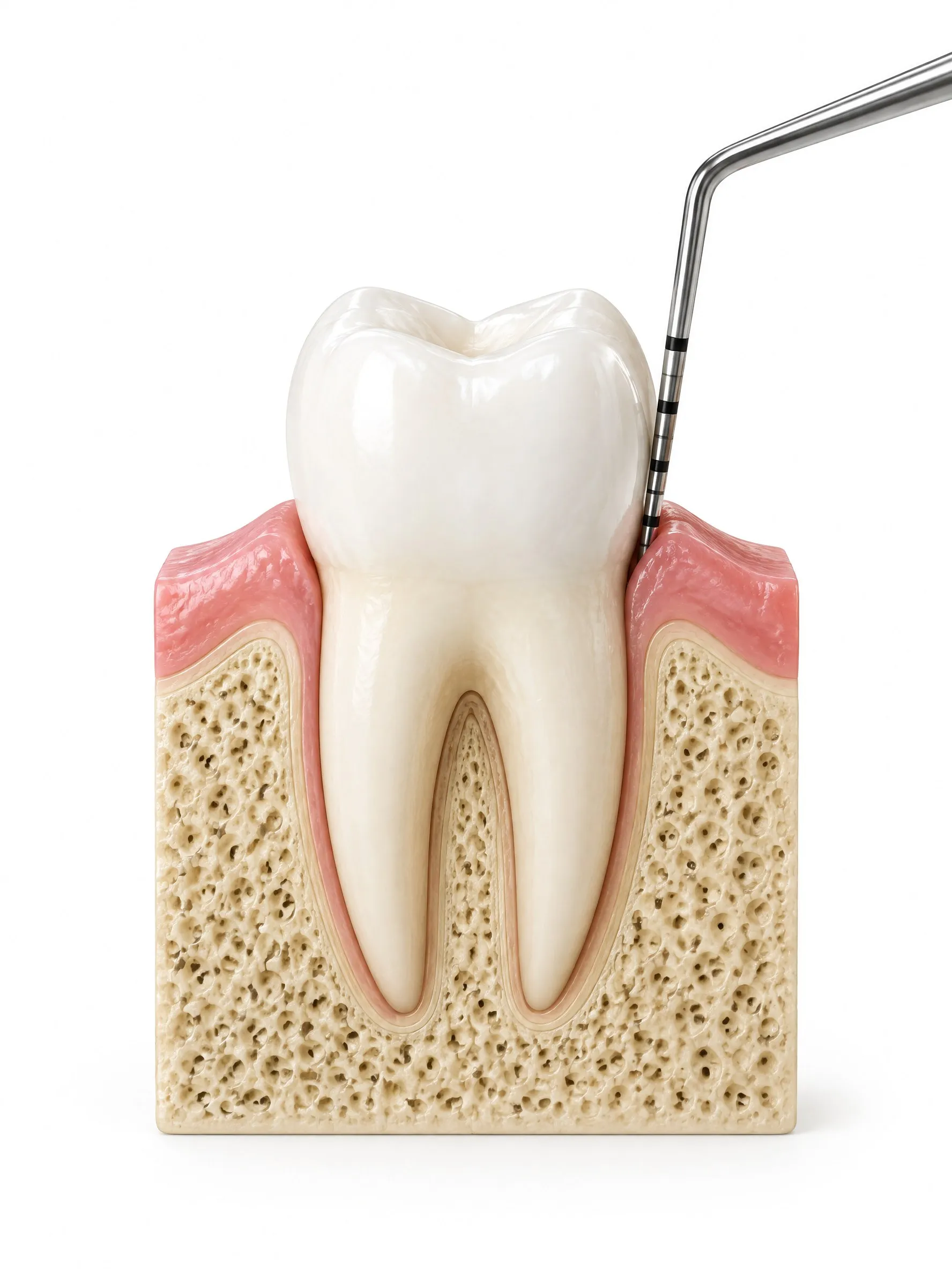 Cross section of a tooth with healthy gum and bone, and a thin probe measuring the space between gum and tooth.