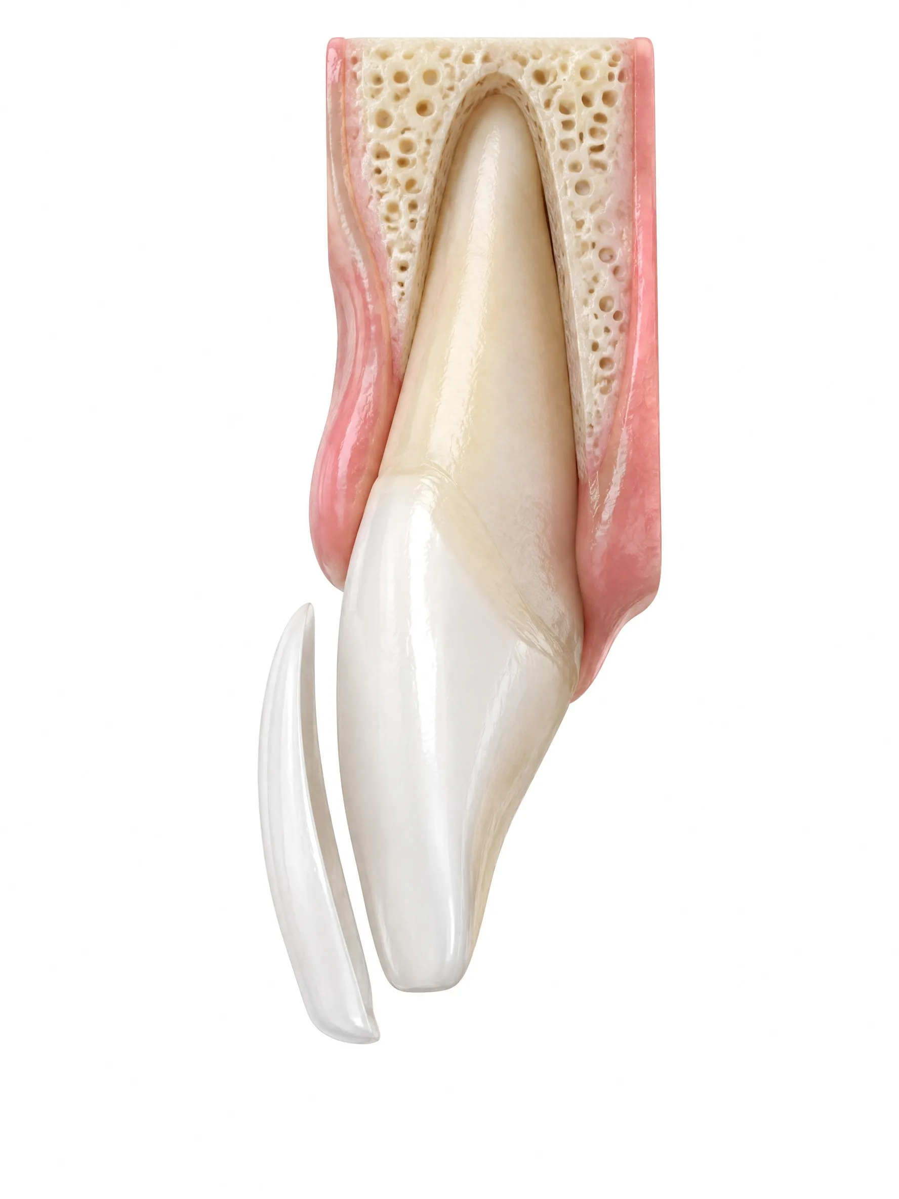 Side view cross section of a front tooth with a thin porcelain veneer about to be bonded to its front surface.