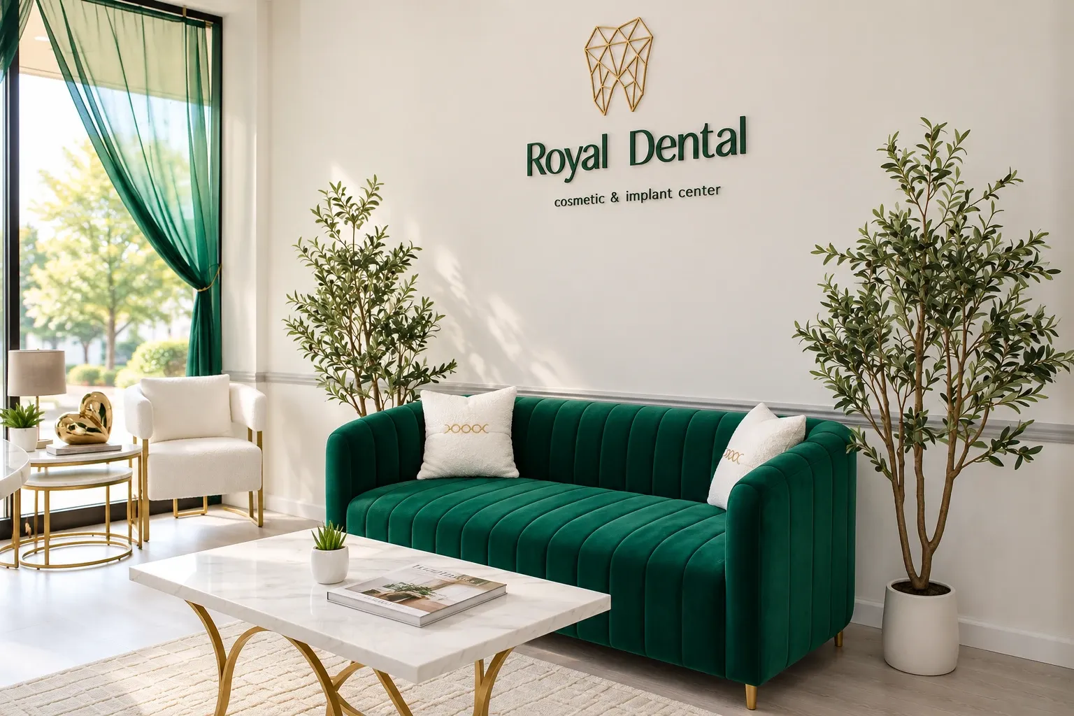 The Royal Dental Center waiting room, with an emerald velvet sofa, olive trees and the gold tooth logo on the wall