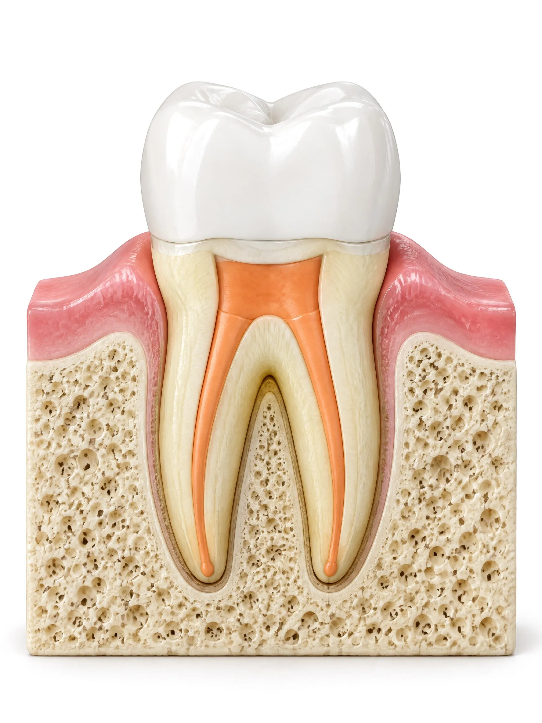 Cross section of a back tooth after root canal treatment, with a crown on top and both root canals sealed, sitting in the gum and jawbone.