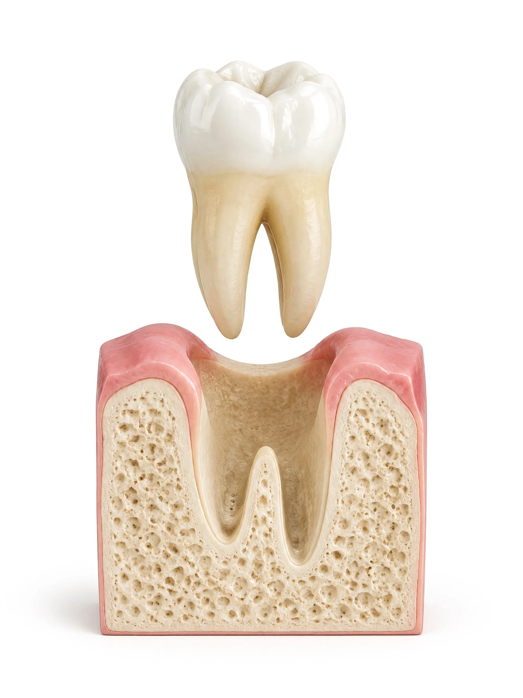 Illustration of a back tooth lifted out of its socket, with the empty socket in the jawbone below.