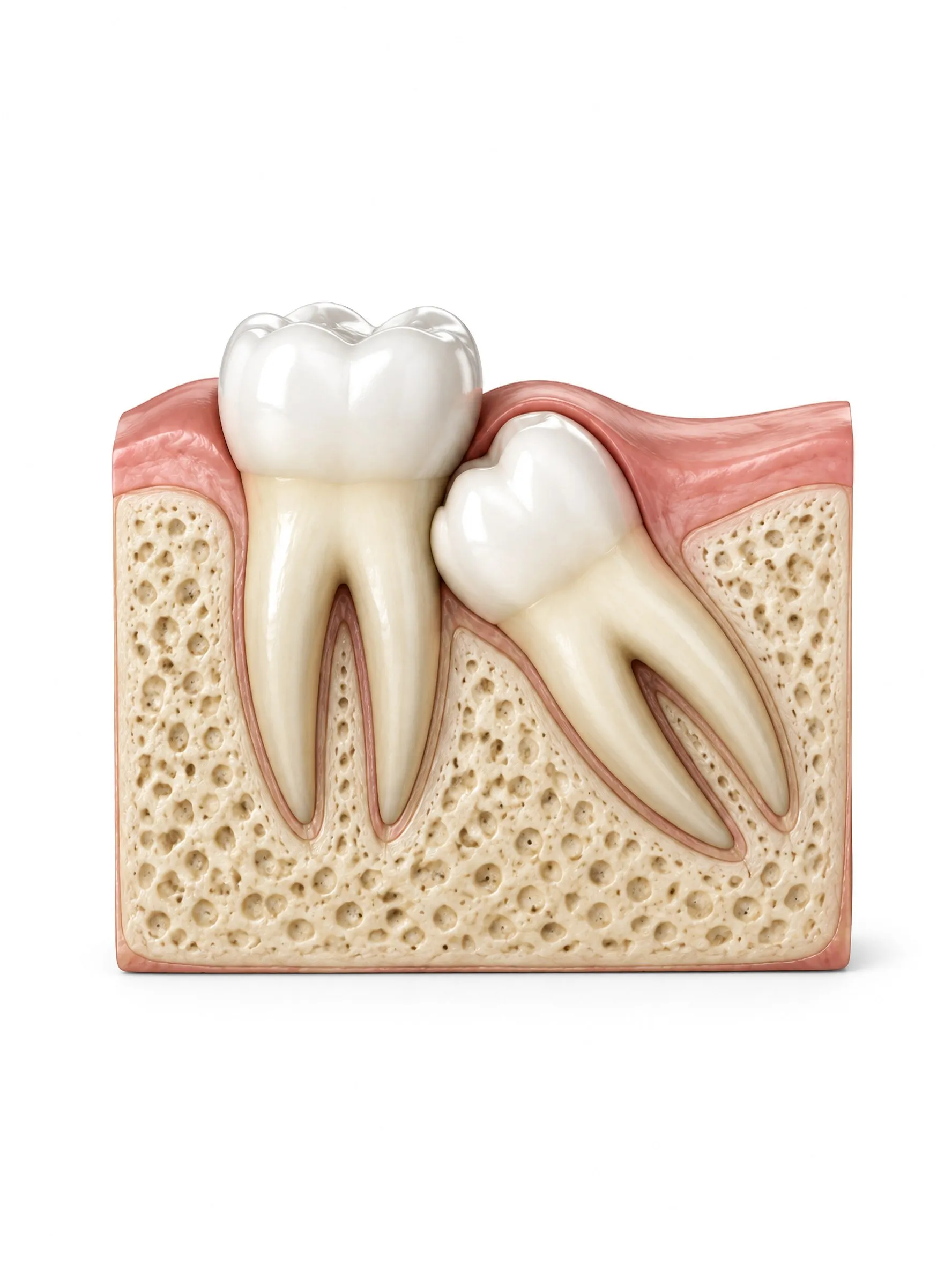 Cross section of the back of the lower jaw, with an impacted wisdom tooth tilted against the molar in front of it.