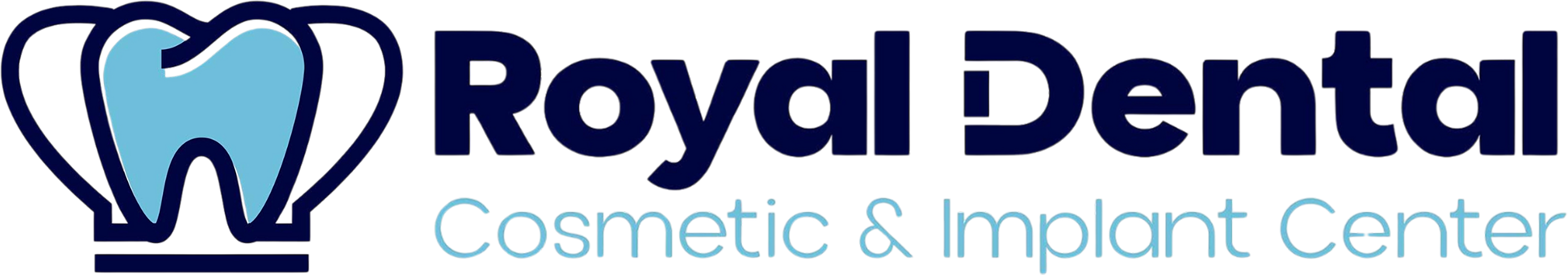 The image features a logo with text that reads 'Royal Dental Cosmetic & Implant Center' against a blue background, accompanied by a graphic of a toothbrush and dental implant.