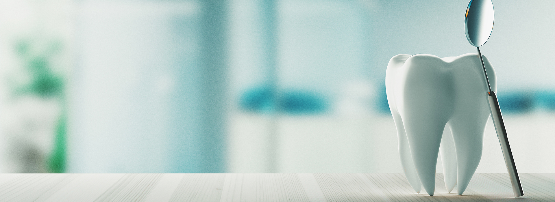 The image depicts a close-up view of a dental implant with a toothbrush bristle, set against a blurred background featuring a dental office scene.