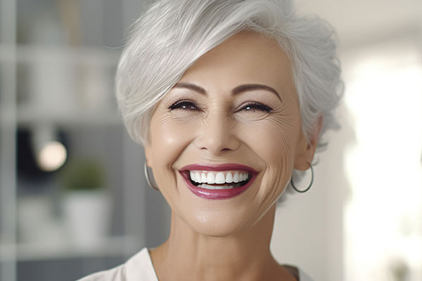 The image features a smiling woman with short hair, wearing makeup and a white top, standing indoors with a blurred background that suggests an interior setting.